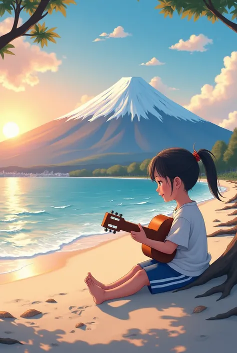 Mountain fuji beach sunset and baby girl play guitar
