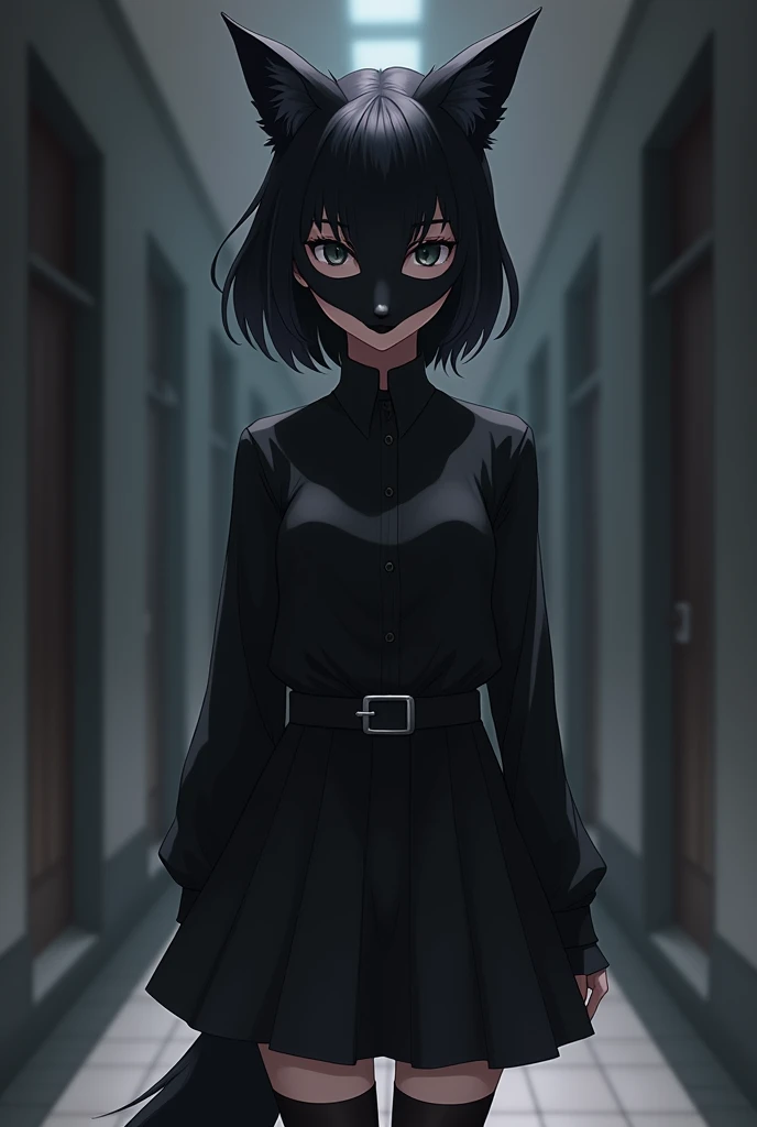 Female, Anime, Short black-haired, Faired skin, Black fox mask fully covering her face, Black long-sleeved shirt, Black medium-skirt, Black boots