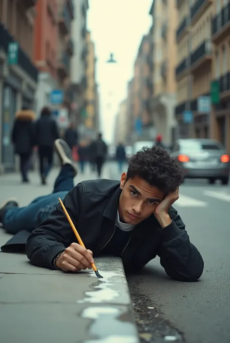 20 year old guy working lying on the floor on his side with one hand under his head and the other painting a curb, image of someone who sees him from the other side of the street