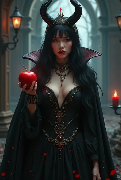 Kizi,black hair long，RAINHA NEGRA，Accessories，apple in hand，poisonous apples，Witch Queen，red lipgloss stick