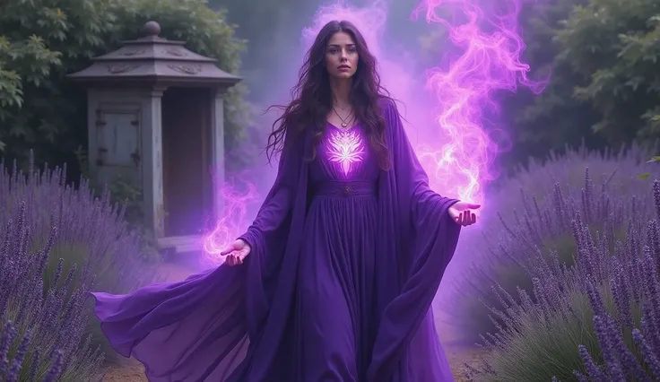 woman with violet priestess cloak, from within your chest and third eye comes a great violet flame, convey depth, in the background, a cupboard in the middle of the garden with various aromatic herbs, Lavender, Rosemon, salvia,