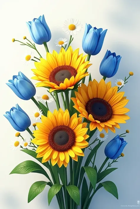 A bouquet of sunflower, blue tulips and daisies