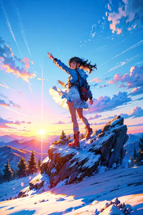 1girl,solo,cool,she reached top of the mountain,she standing the mountaintop,brilliant sky,sunshine,nature