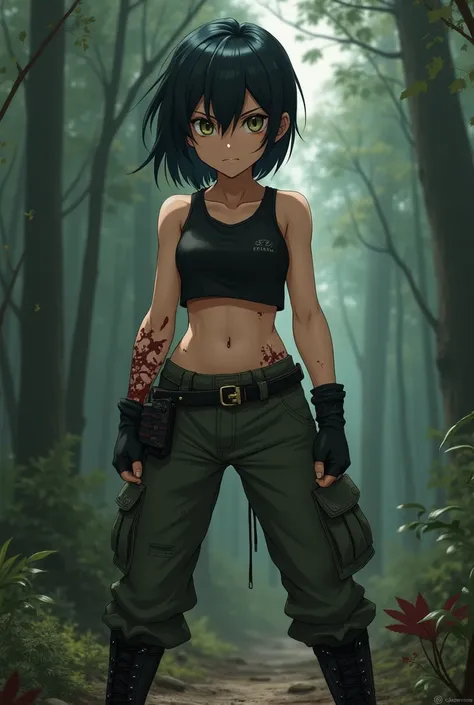 Anime girl, short black hair, small mullet, olive-green eyes, black tight fitting crop-top, olive-green parachute pants, black combat boots, covered in blood, dark forest background 