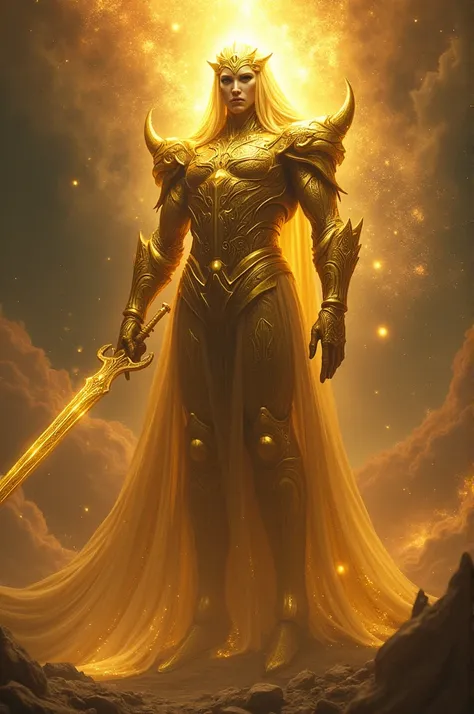 Make me a god with gold armor and holy sword make it alien like