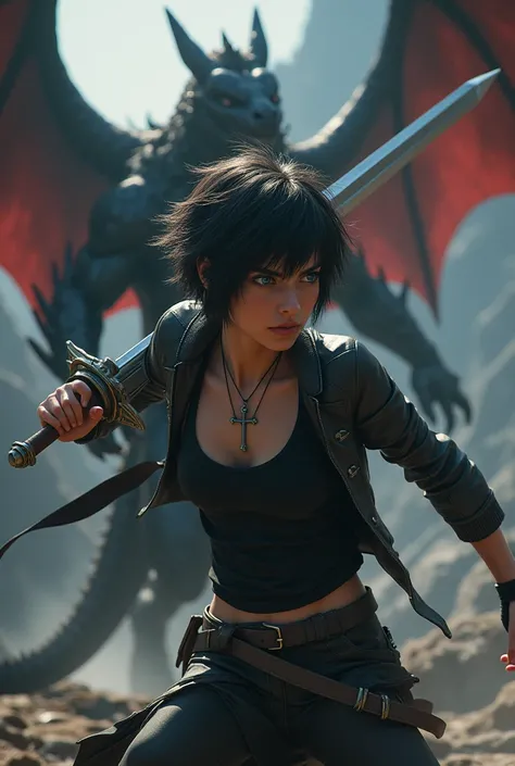 female OC with black short fluffy detailed hair and blue eyes wearing a black tanktop and black jacket with a cross necklace and black pants, holding the Excalibur, 3D, Kingdom Hearts, angry, slicing off a dragons tail