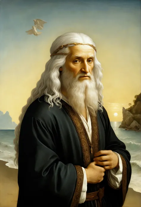 ((Highest quality)), ((masterpiece)), (detailed), Beach,White Hair,Fantasy,baroque painting,Leonardo da Vinci,Michelangelo,