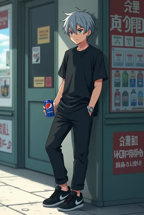 a 16 year old boy,in anime seinen style.
His appearance is Gray Hair, grayish blue eyes and light beige skin color.

wearing a black t-shirt, Black Pants and Black Nike Sneakers.

He&#39;s wearing small hoops in his ears, wearing a small silver watch on hi...