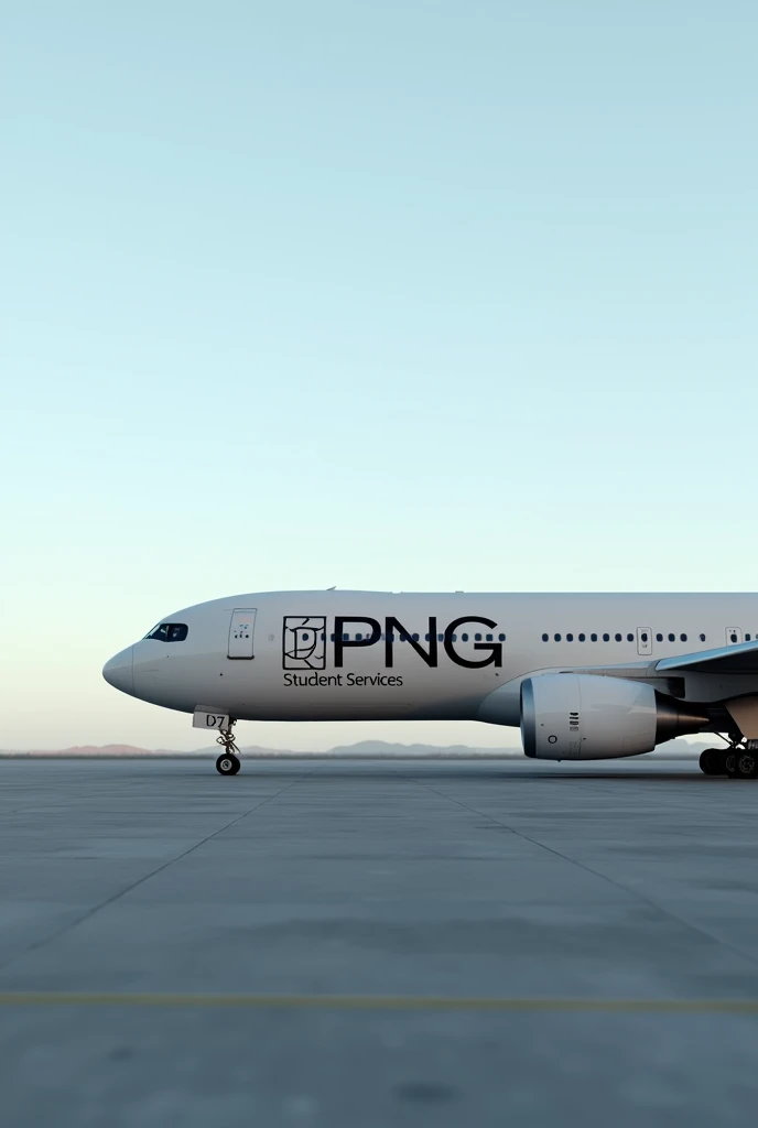 Generate an image of a plane with the logo PNG Student Services written on the aircraft.