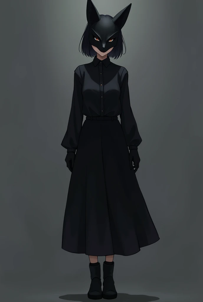 Female, Anime, Short black-haired, Faired skin, Black fox mask fully covering her face, Black long-sleeved shirt, Black medium-skirt, Black boots