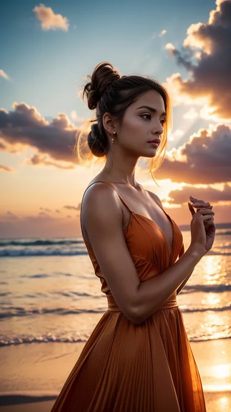 25 years old, upper body, perfect body, perfect hands, orange dress, drill hair, hair bun, sunset, white, surrealism, renaissanc...