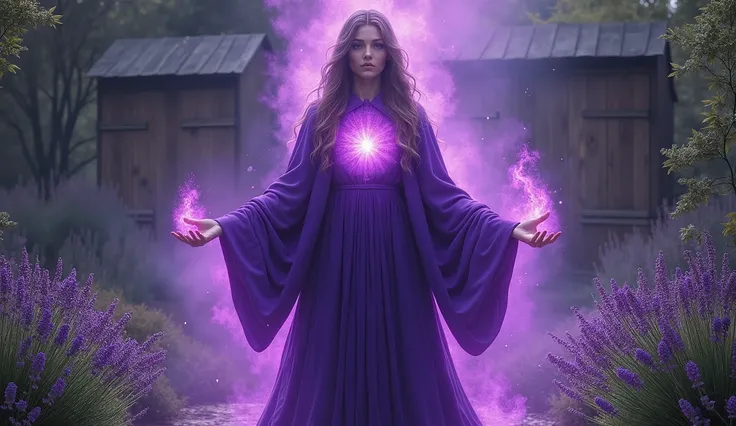 woman with violet priestess cloak, from within your chest and third eye comes a great violet flame, convey depth, in the background, a cupboard in the middle of the garden with various aromatic herbs, Lavender, Rosemon, salvia,