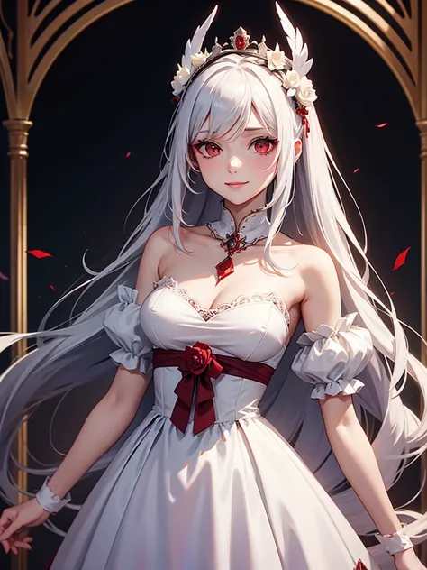 woman, red eyes, white long wavy hair, noble, like prince, sadistic smile, queen. her front hair is tied up. her. where dress like princess or queen. she sadistic and cruel women. like a strong women. wearing flowers on her head. her white dress is stained...