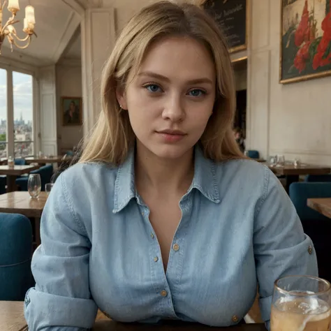 ((Best quality)), ((masterpiece)), (detail), perfect face, blond hair, size 4 breast, wearing denim shirt, in a restaurant, beautiful view of Paris in the background, denim shirt