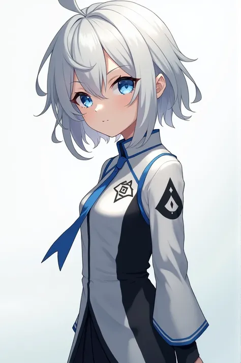 Young girl with white hair, blue eyes,white and with the jujutsukaisen uniform