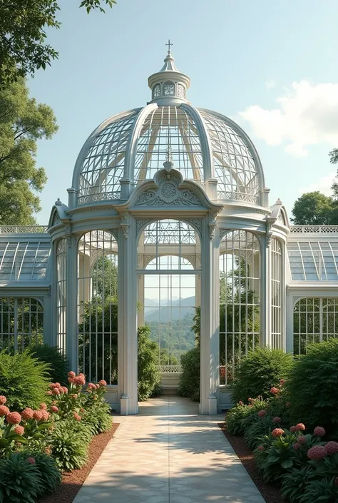 An outside view of a white big victorian style glass greenhouse fill with unique plants 