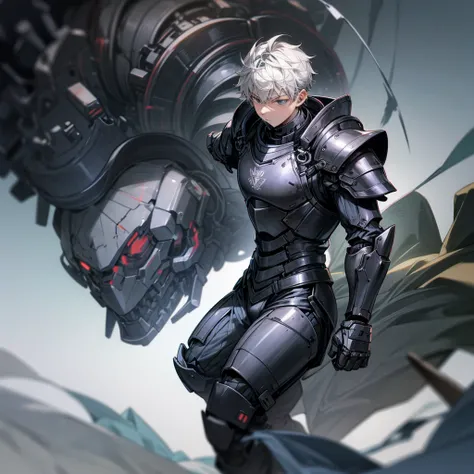 A boy wearing a black mechanical armor