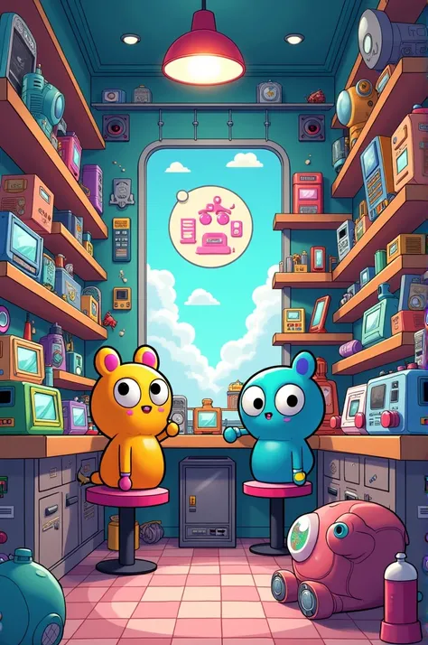 Kawaii aesthetic cartoon graphics of an inside gadget shop 