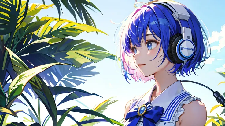 asterpiece, highest quality, Summer costumes, headphones, colorful hair, outdoor,Upper body,Shorthair girl