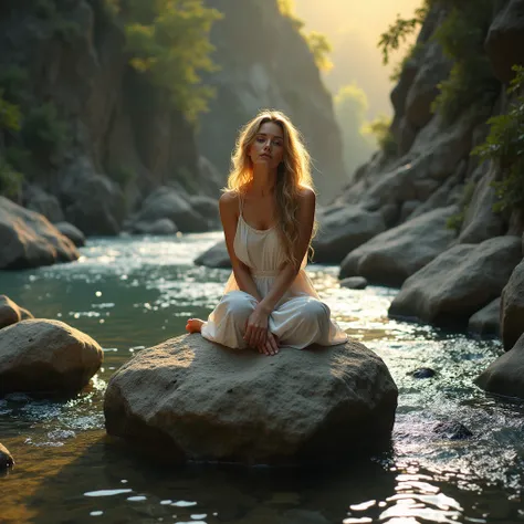 actphotography A woman with long, flowing blonde hair sits serenely on a large boulder in the middle of a river gorge. The water flows gently around the rocks, and the sun casts a warm glow on the scene. The woman is at peace with nature, her body a beauti...