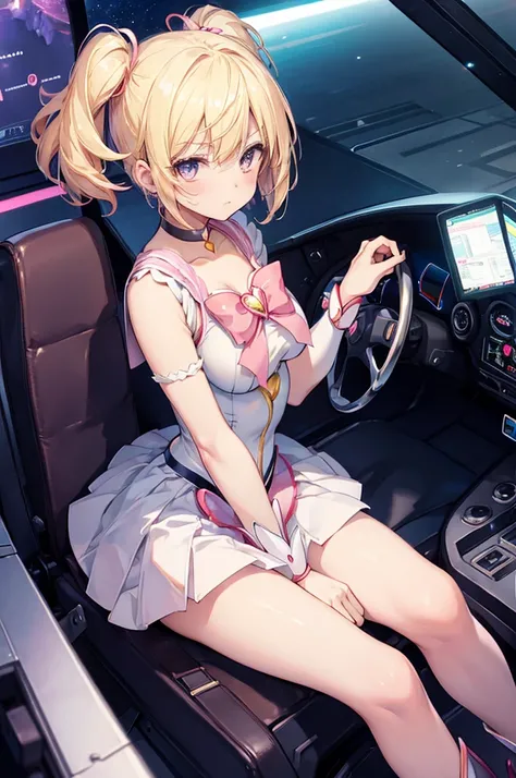 (((magical girl))), solo, blond, short cut, breast, cockpit, device, angry, sit