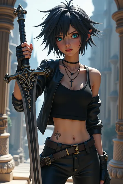 female OC with black short fluffy detailed hair and blue eyes wearing a black tanktop and black jacket with a cross necklace and black pants, holding the Excalibur, 3D, Kingdom Hearts,