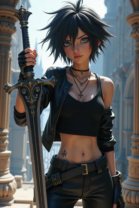 female OC with black short fluffy detailed hair and blue eyes wearing a black tanktop and black jacket with a cross necklace and black pants, holding the Excalibur, 3D, Kingdom Hearts,