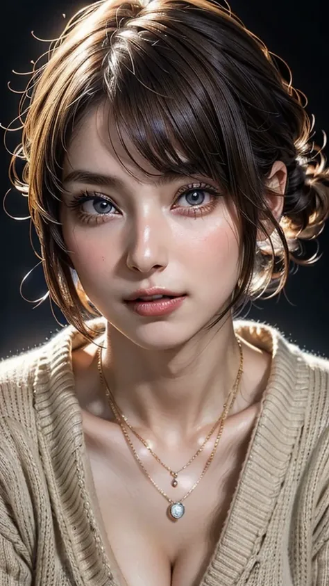 ((Beautiful Face:1.4)), (Purelos Face_v1: 1.0), (Highest quality, 8k, 32K, masterpiece, Ultra-high resolution:1.2),Beautiful Japanese Women Photos, Large Breasts, Very short bob hair,Upper Body,(Extra Large_sweater,:1.2) necklace, Simple Background, Look a...