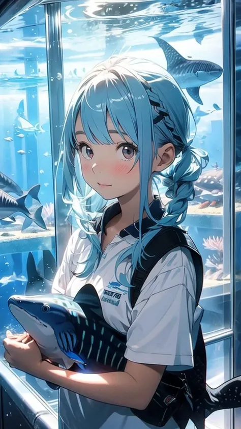 Aquarium fish, whale shark, sardine, tuna, aquarium, girl looking at the aquarium, twin tails, light blue hair, cute