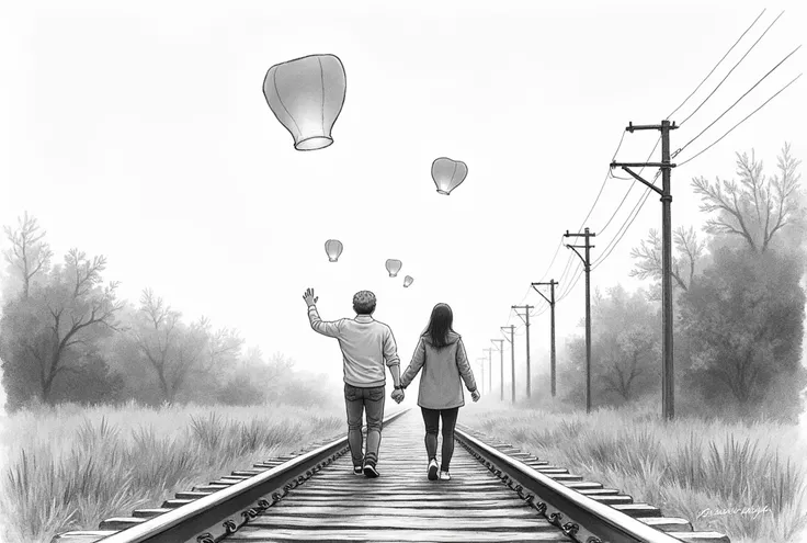 Black and white pencil sketch，A middle-aged couple，On the tracks of Shiding Railway Station，Let’s release sky lanterns together to wish each other a happy Chinese Valentine’s Day