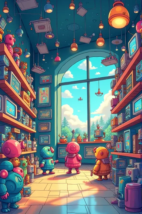 Kawaii aesthetic cartoon graphics of an inside gadget shop with detailed items