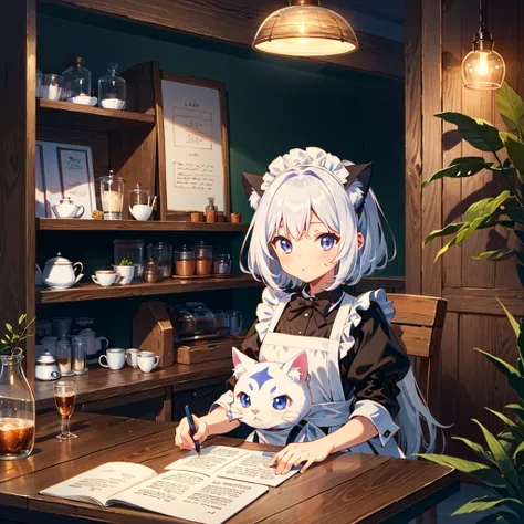 {{{Masterpiece, highest quality, high resolution background}}}, bright and beautiful atmosphere, 1 girl (7 years old, round face, baby face), small breasts, cat-eared maid girl, writing emojis on coffee, customer sitting on chair , a mini pig in a maid cos...