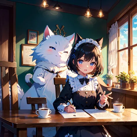 {{{Masterpiece, highest quality, high resolution background}}}, bright and beautiful atmosphere, 1 girl (7 years old, round face, baby face), small breasts, cat-eared maid girl, writing emojis on coffee, customer sitting on chair , a mini pig in a maid cos...