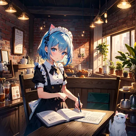 {{{Masterpiece, highest quality, high resolution background}}}, bright and beautiful atmosphere, 1 girl (7 years old, round face, baby face), small breasts, cat-eared maid girl, writing emojis on coffee, customer sitting on chair , a mini pig in a maid cos...