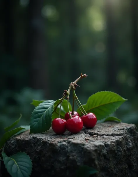 amazing dark image of nature with some cherries on the stone