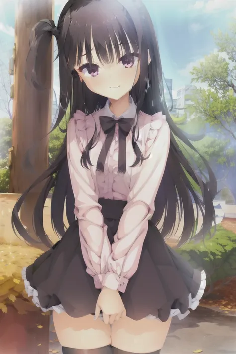 1girl,独奏,smiling_happily,peace_fingers,long_hair,blush,bangs,skirt,shirt,black_hair,long_sleeves,bow,very_long_hair,purple_eyes,hair_bow,frills,puffy_sleeves,collared_shirt,black_skirt,bag,two_Side_up,dress_shirt,black_bow,depth_of_field,lace_trim,puffy_lo...