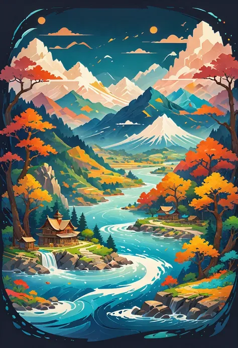 impressive painting of a mountain with trees and water, a detailed painting by Petros Afshar, shutterstock contest winner, environmental art, detailed painting, outlined art, 2d game art, isolated background for logo, strong contours, logo design
