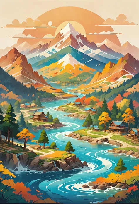 impressive painting of a mountain with trees and water, a detailed painting by Petros Afshar, shutterstock contest winner, environmental art, detailed painting, outlined art, 2d game art, isolated background for logo, strong contours, logo design
