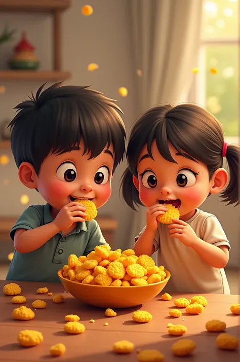 A boy and girl eating kurkure