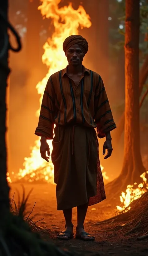 A 35-year-old man wearing a batik turban, a long-sleeve black and brown vertically striped shirt, a sarong, and traditional warrior sandals, setting fire to a dense, thick forest. The scene is dramatic and cinematic with detailed and realistic elements. Th...