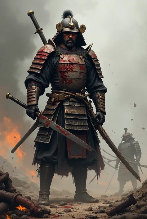 Samurai with broken armor after a severe war with someone cutting his body, but still standing ready to continue the fight
