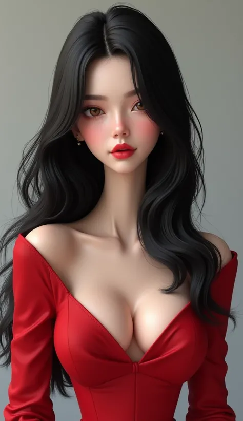 beautiful woman, sweet features,long black silk hair,hazel eyes with sensuality,very full red lips, small nose, white smooth skin,black nail polish on the fingers,sleeves joined under the chest,red dress with a low-cut chest,slim oval features,detailed,3d ...