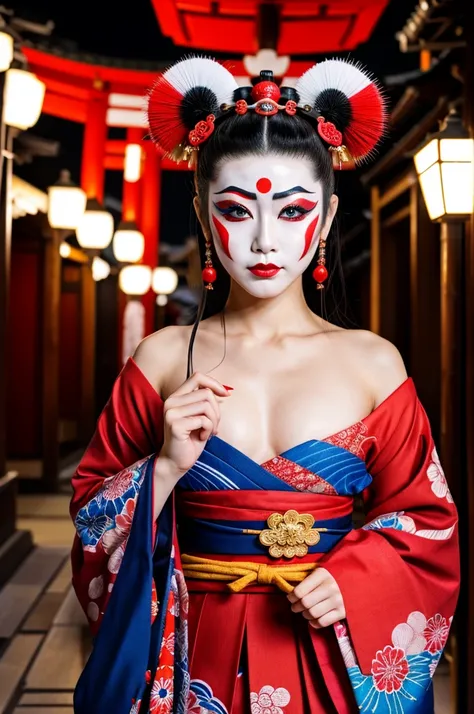 japanese kabuki、eccentric makeup、Please express the jinbaori beautifully.　In 4K