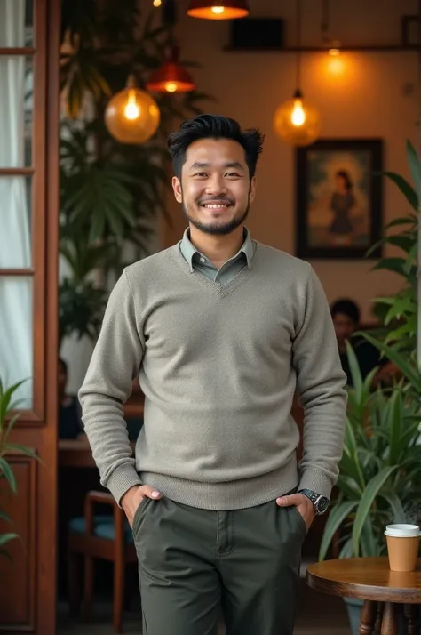 1 A smiling Vietnamese man wearing long pants, shirt and sweater is posing for the camera in a Vietnamese coffee shop.