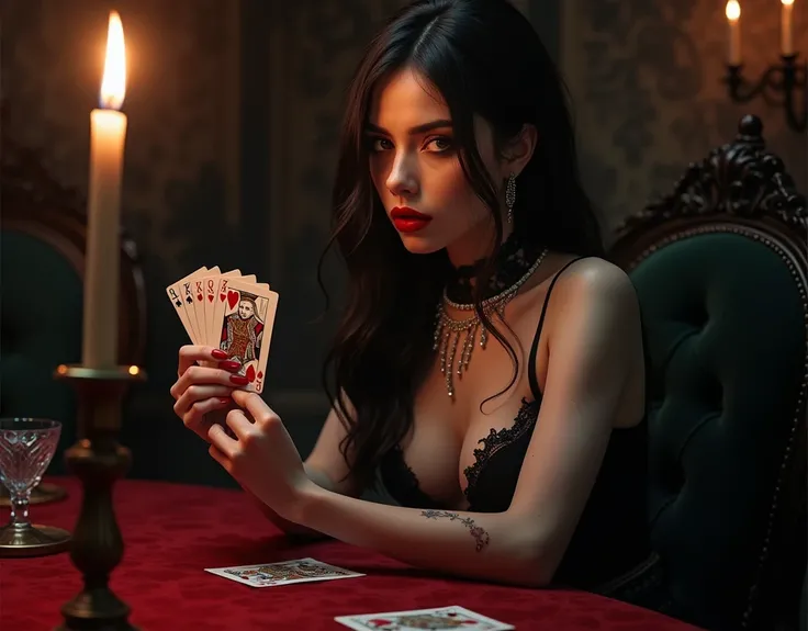 an amine art, a portrait of a vampire playing poker game of cards, holding cards ((cards not shown:1.5)) the cards are dripping blood, an exquisite beautiful vampire, goth vampire, ((dynamic hair color: 1.5)), white pale skin, some blood veins are seen on ...