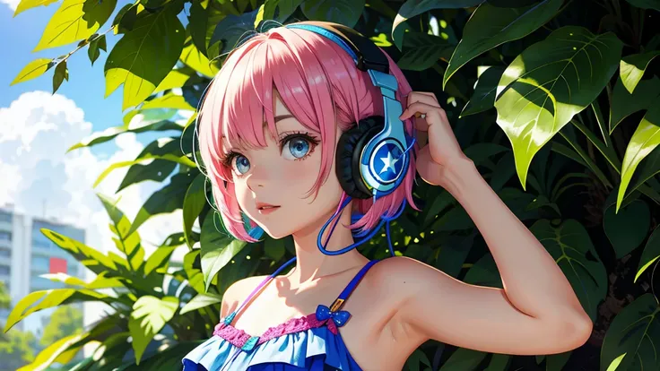 asterpiece, highest quality, Summer costumes, headphones, colorful hair, outdoor,Upper body,Shorthair girl