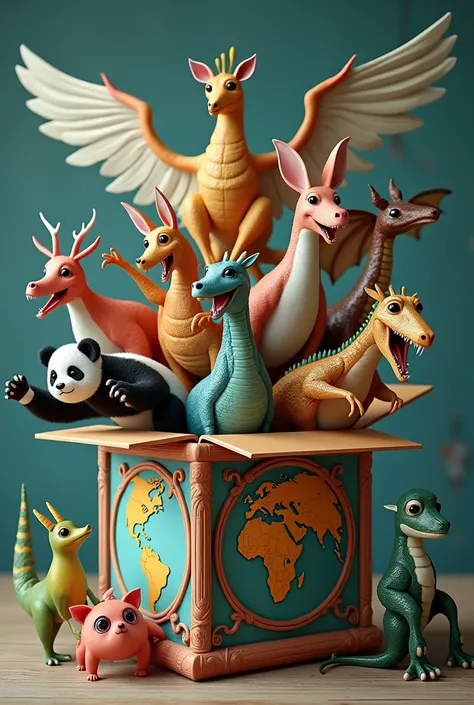 A picture of creatures from all over the world jumping out of a jack-in-the-box with a globe design