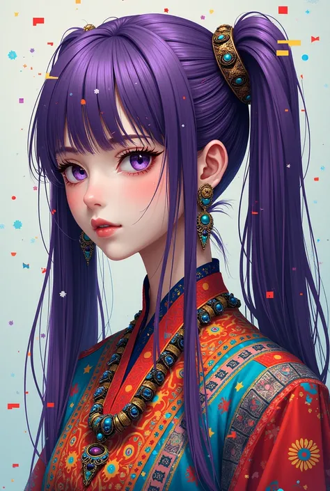 (absurdres, highres, ultra detailed), (1girl:1.3), twintails, purple hair, BREAK , glitch art, digital distortion, pixelated fragments, data corruption, colorful noise, visual chaos, contemporary aesthetics BREAK , enamel art, glass-like surface, vibrant c...