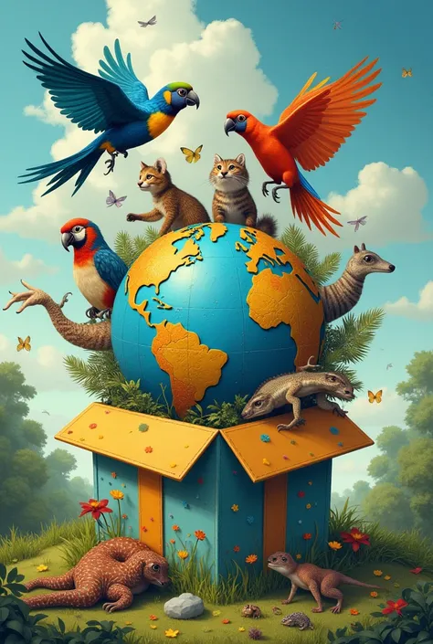 A sustainable world　A picture of creatures from all over the world jumping out of a jack-in-the-box with a globe design