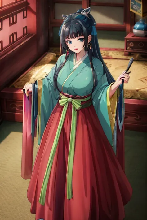 (((Highest quality､Ultra-high resolution､masterpiece: 1.6))), Highly detailed anime art style,Teen Style, (Off the shoulder,Earrings, The lavish interior of the Tang Dynasty harem), Detailed green hair, Detailed blue eyes, Complicated hairstyle, Long Hair,...